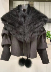 Fashion Caramel Coats And Fox Collar Cape Woolen Two Pieces Set Spring