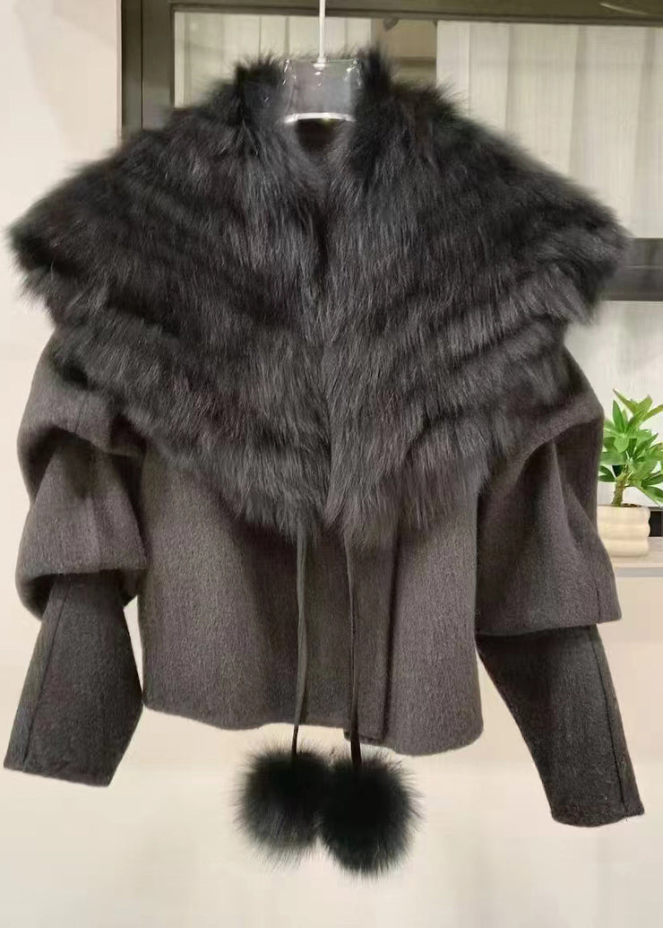 Fashion Caramel Coats And Fox Collar Cape Woolen Two Pieces Set Spring