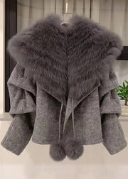 Fashion Caramel Coats And Fox Collar Cape Woolen Two Pieces Set Spring