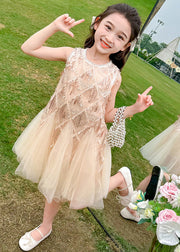 Fashion Champagne O-Neck Sequins Tassel Tulle Kids Long Dress Sleeveless