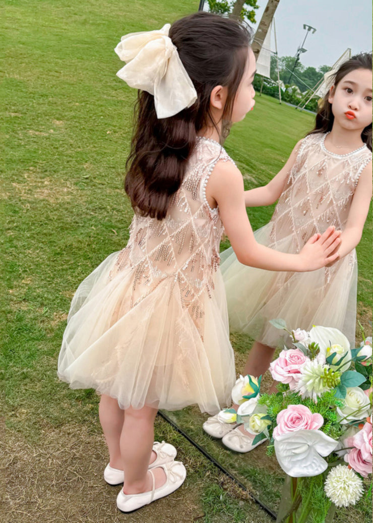 Fashion Champagne O-Neck Sequins Tassel Tulle Kids Long Dress Sleeveless