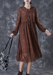 Fashion Chocolate Ruffled Hollow Out Lace Long Dresses Fall