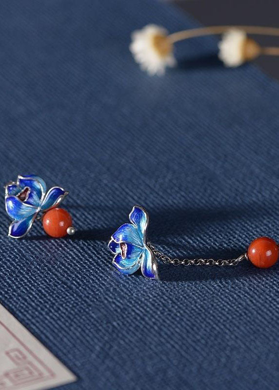 Fashion Cloisonne Lotus Tassel Agate Asymmetrical Design Drop Earrings