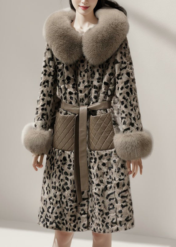 Fashion Coffe Leather And Fur Long Coats Print Mink Velvet Spring