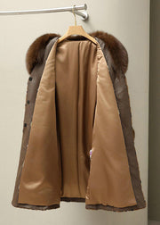 Fashion Coffe Leather And Fur Long Coats Print Mink Velvet Spring