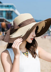 Fashion Coffee Bow Patchwork Straw Woven Beach Floppy Sun Hat