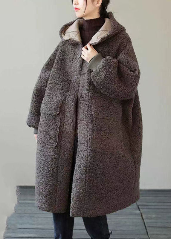 Fashion Coffee Button Pockets Warm Faux Fur Hooded Coat Long Sleeve