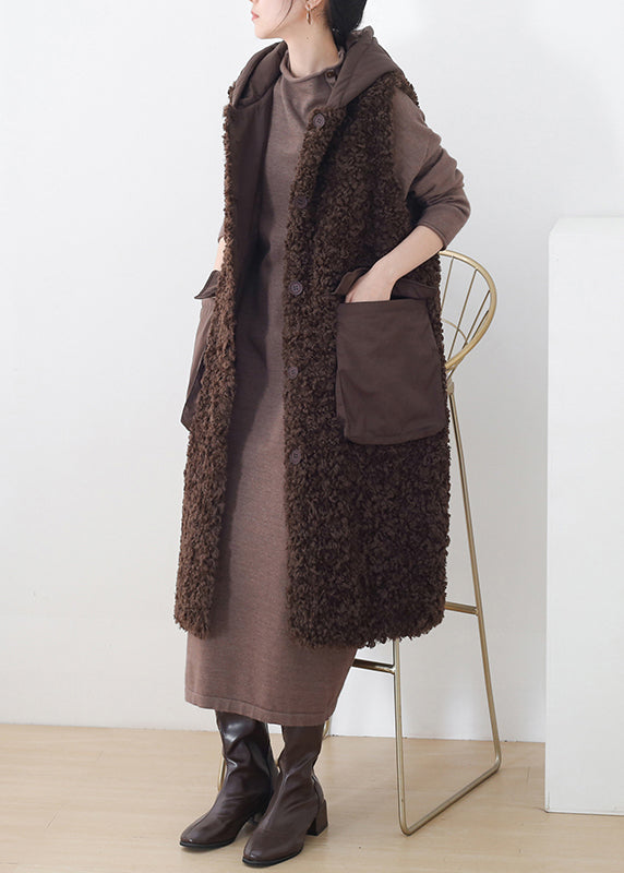 Fashion Chocolate Colour Button Woolen Hooded Waistcoat Sleeveless