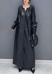 Fashion Coffee Drawstring Tie Waist Faux Leather Long Trench Coat Fall