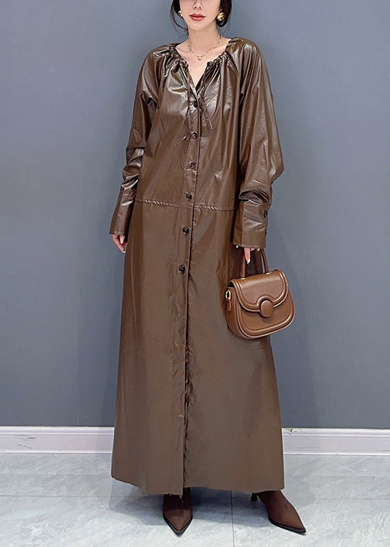 Fashion Coffee Drawstring Tie Waist Faux Leather Long Trench Coat Fall