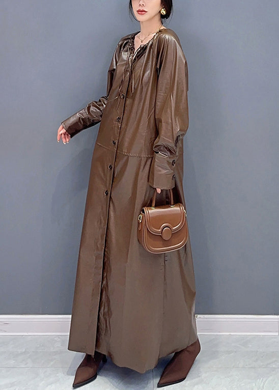 Fashion Coffee Drawstring Tie Waist Faux Leather Long Trench Coat Fall