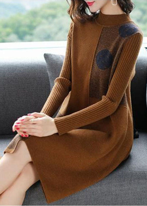 Fashion Chocolate High Neck Asymmetrical Design Knit Sweater Dress Long Sleeve