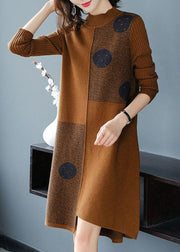 Fashion Chocolate High Neck Asymmetrical Design Knit Sweater Dress Long Sleeve