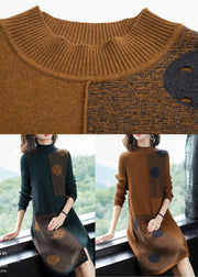 Fashion Chocolate High Neck Asymmetrical Design Knit Sweater Dress Long Sleeve