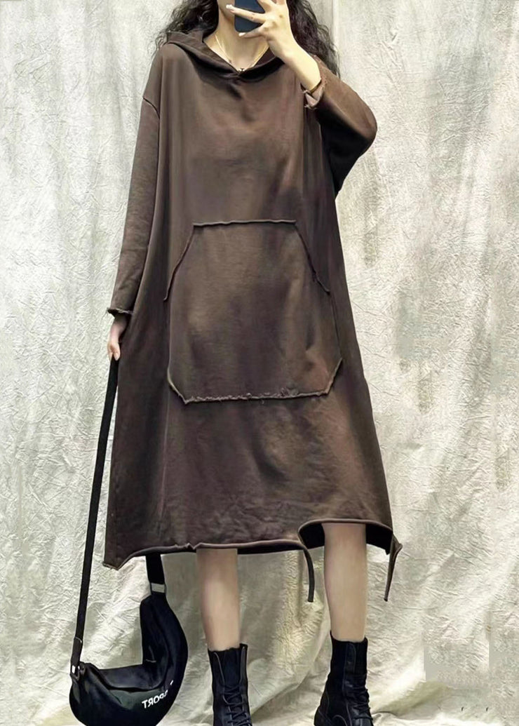 Fashion Chocolate Hooded Ripped Patchwork Cotton Sweatshirts Dress Fall