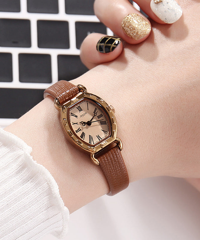 Fashion Coffee Leather Alloy Patchwork Tempered Glass Watch