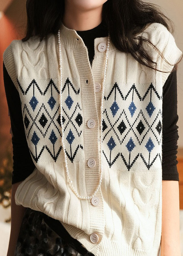 Fashion Coffee O Neck Jacquard Button Woolen Vest Sleeveless