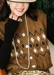 Fashion Coffee O Neck Jacquard Button Woolen Vest Sleeveless