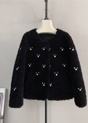 Fashion Coffee O Neck Nail Bead Wool Short Coat Winter