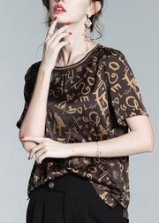 Fashion Coffee O-Neck Print Chiffon Tops Short Sleeve