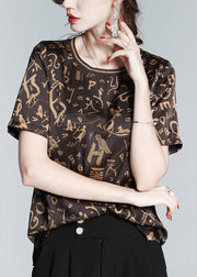 Fashion Coffee O-Neck Print Chiffon Tops Short Sleeve