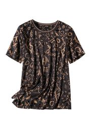 Fashion Coffee O-Neck Print Chiffon Tops Short Sleeve