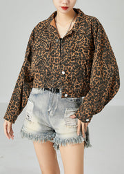 Fashion Coffee Peter Pan Collar Leopard Print Pockets Cotton Coats Spring