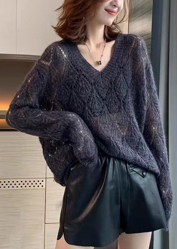 Fashion Coffee V Neck Hollow Out Cozy Ma Hai Mao Cotton Knit Tops Fall