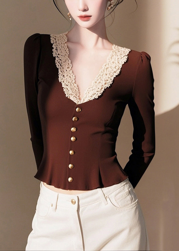 Fashion Coffee V Neck Lace Patchwork Cotton Knit Sweater Spring