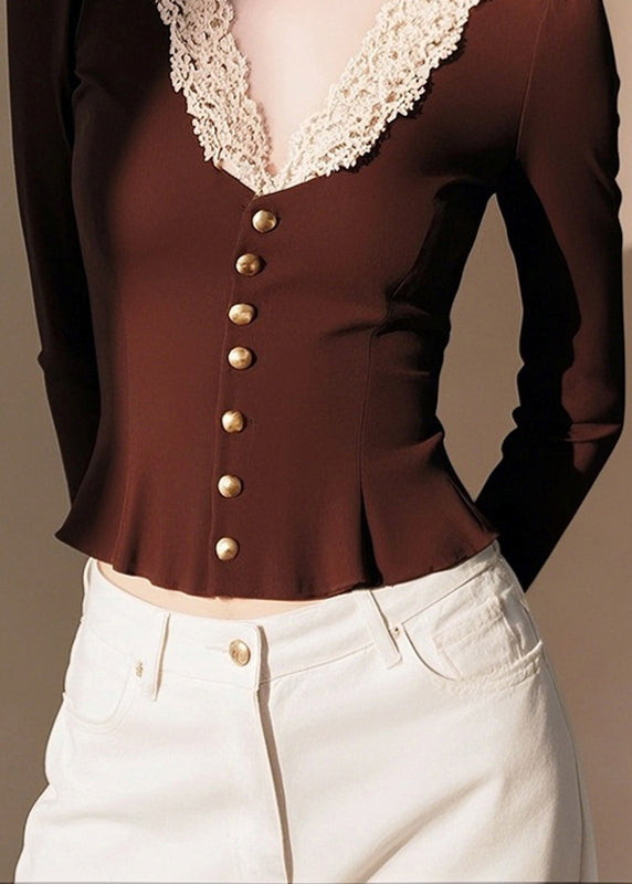 Fashion Coffee V Neck Lace Patchwork Cotton Knit Sweater Spring