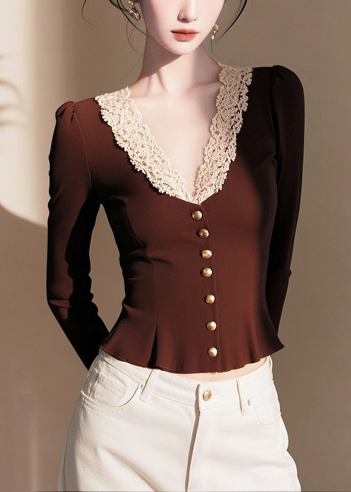 Fashion Coffee V Neck Lace Patchwork Cotton Knit Sweater Spring