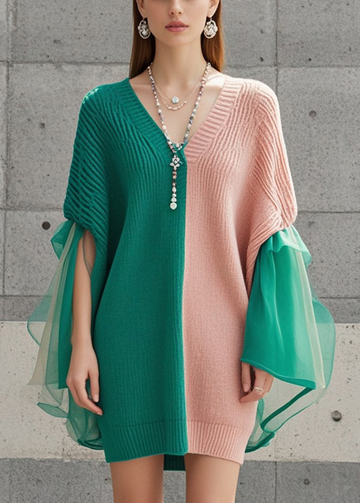 Fashion Colorblock Asymmetrical Patchwork Tulle Knit Dress Fall