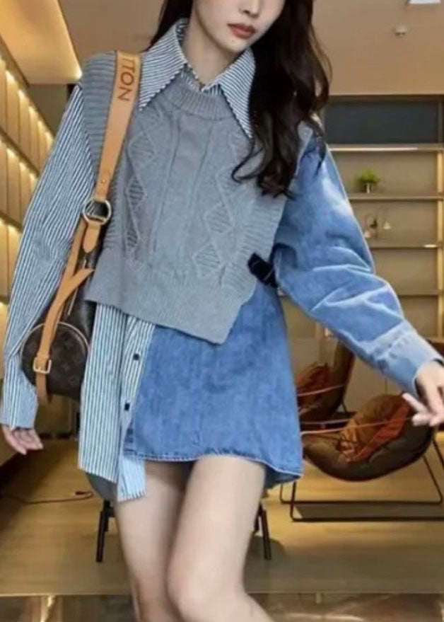 Fashion Colorblock Denim Patchwork Knit Striped Cotton Shirts Spring