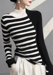 Fashion Colorblock Hign Neck Striped Knit Sweaters Spring