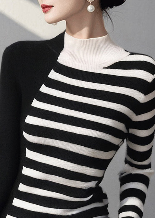 Fashion Colorblock Hign Neck Striped Knit Sweaters Spring