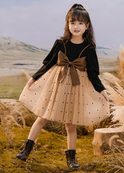 Fashion Colorblock O-Neck Bow Dot Patchwork Tulle Kids Vacation Maxi Dresses Spring