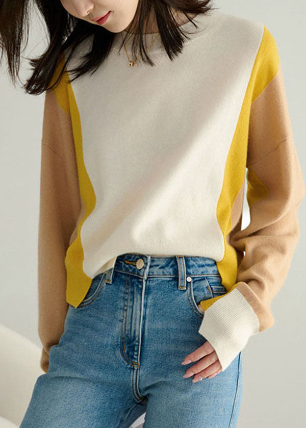 Fashion Colorblock O-Neck Patchwork Side Open Cashmere Sweater Spring