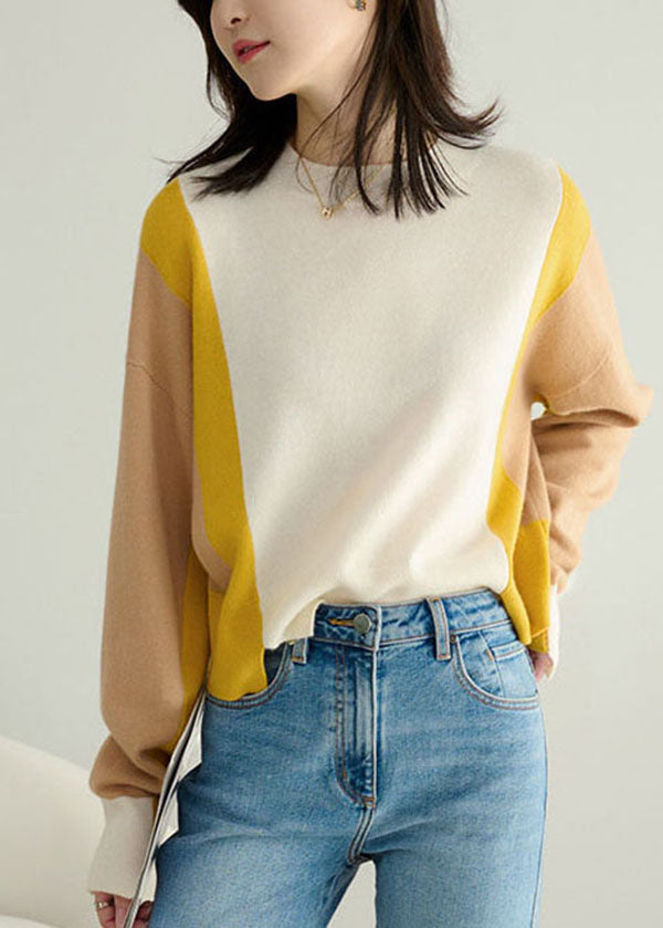 Fashion Colorblock O-Neck Patchwork Side Open Cashmere Sweater Spring