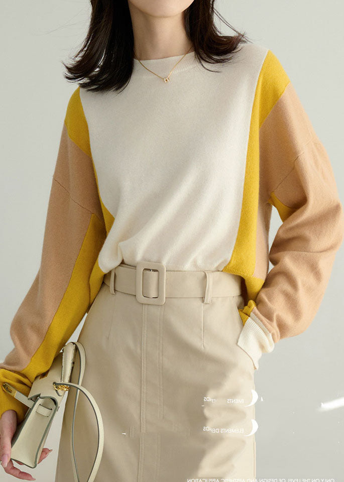 Fashion Colorblock O-Neck Patchwork Side Open Cashmere Sweater Spring