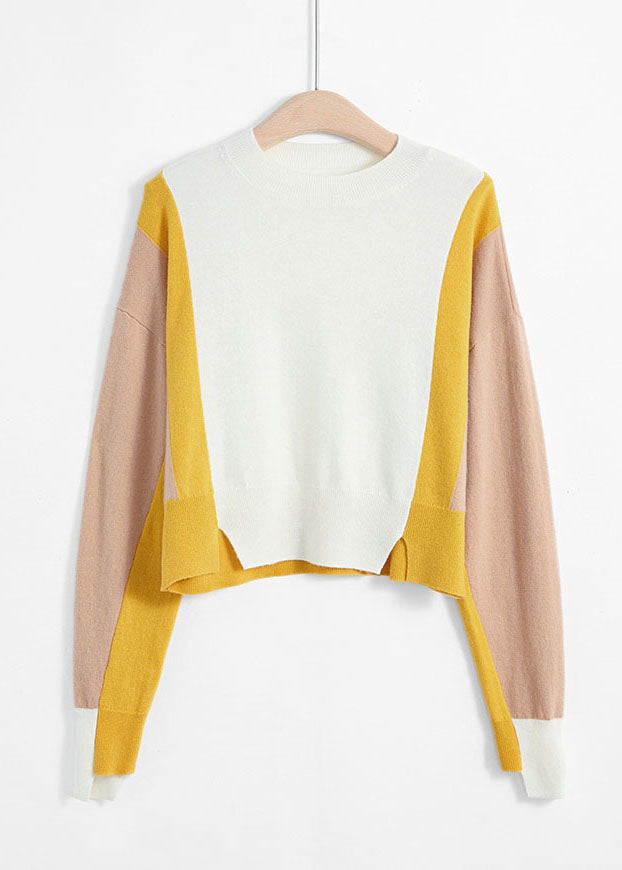 Fashion Colorblock O-Neck Patchwork Side Open Cashmere Sweater Spring