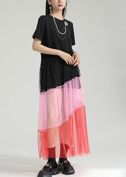 Fashion Colorblock O Neck Wrinkled Patchwork Tulle Dresses Summer