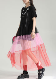 Fashion Colorblock O Neck Wrinkled Patchwork Tulle Dresses Summer