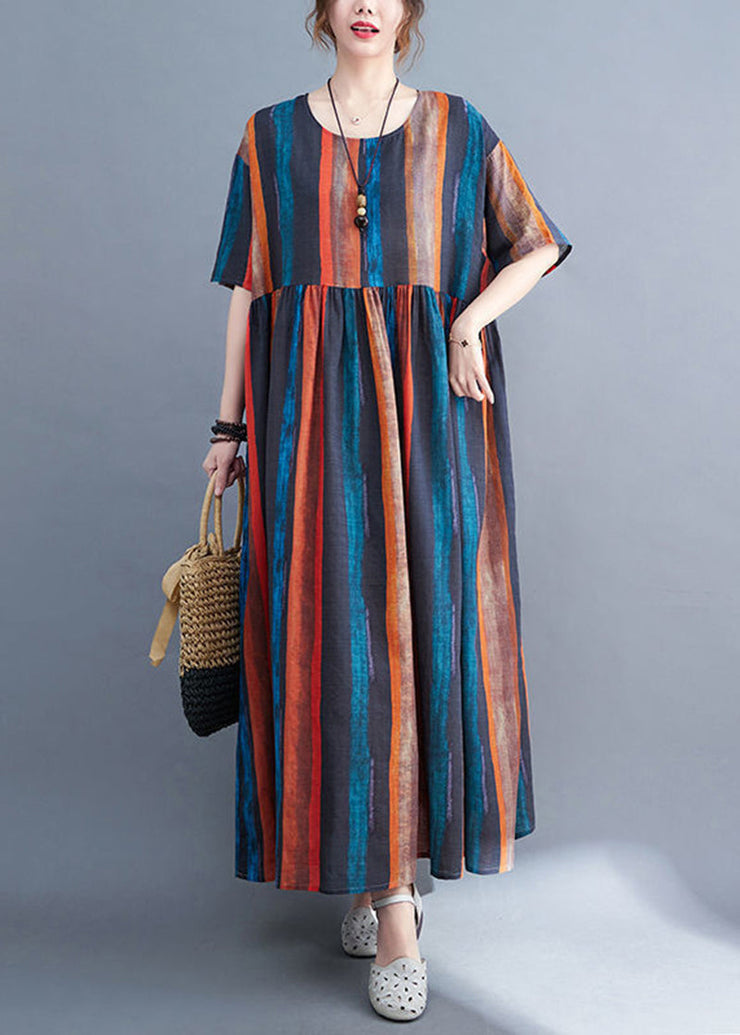 Fashion Colorblock Oversized Striped Linen Dresses Summer