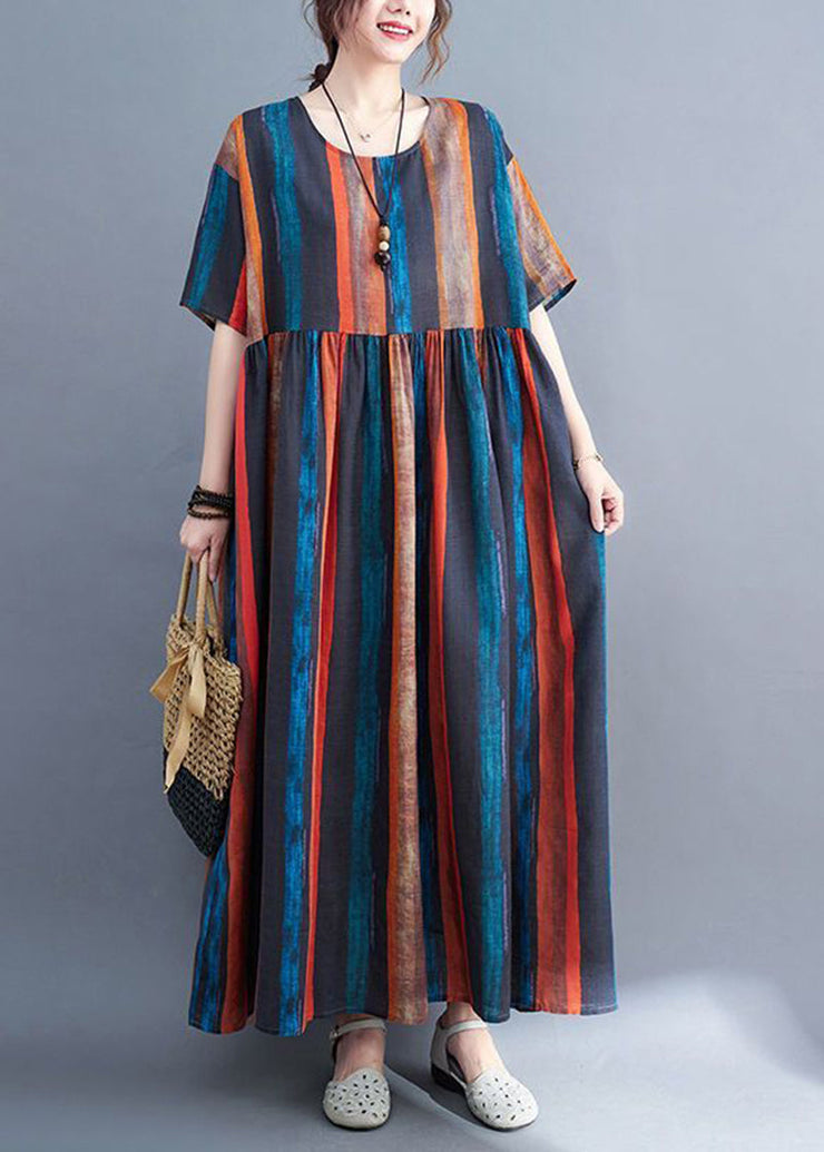 Fashion Colorblock Oversized Striped Linen Dresses Summer