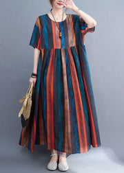 Fashion Colorblock Oversized Striped Linen Dresses Summer