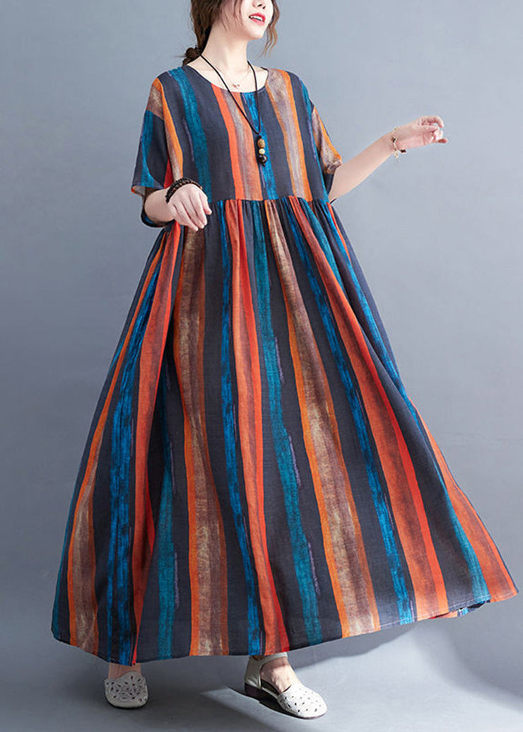 Fashion Colorblock Oversized Striped Linen Dresses Summer