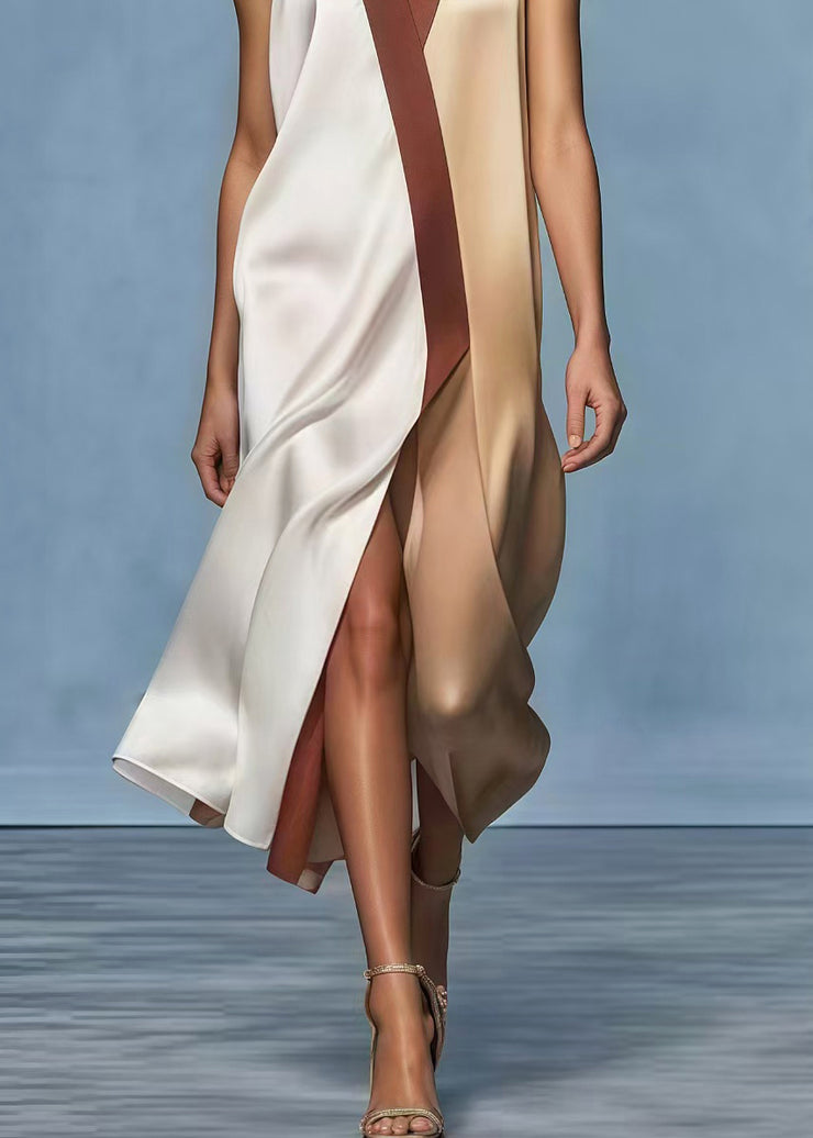 Fashion Colorblock Patchwork Side Open Draping Silk Dress Summer