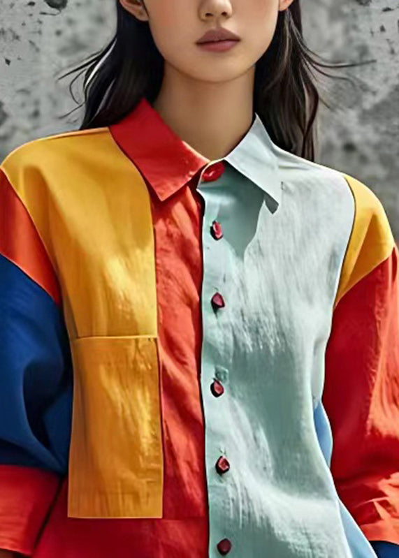 Fashion Colorblock Peter Pan Collar Button Shirts Fall