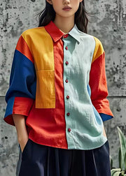 Fashion Colorblock Peter Pan Collar Button Shirts Fall
