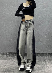 Fashion Colorblock Pockets High Waist Denim Wide Leg Pants Fall